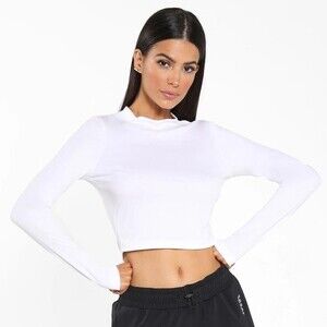 Koral Womens size S White Luca Blackout Long Sleeve Crop Top Gym Athletic